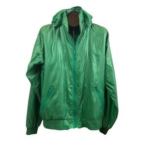 Vintage IZOD Windbreaker Green Nylon Jacket Hooded Full Zip Large -